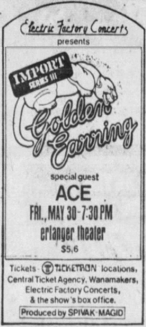 Golden Earring show ad for May 30 1975 Erlanger Theatre - Philadelphia show